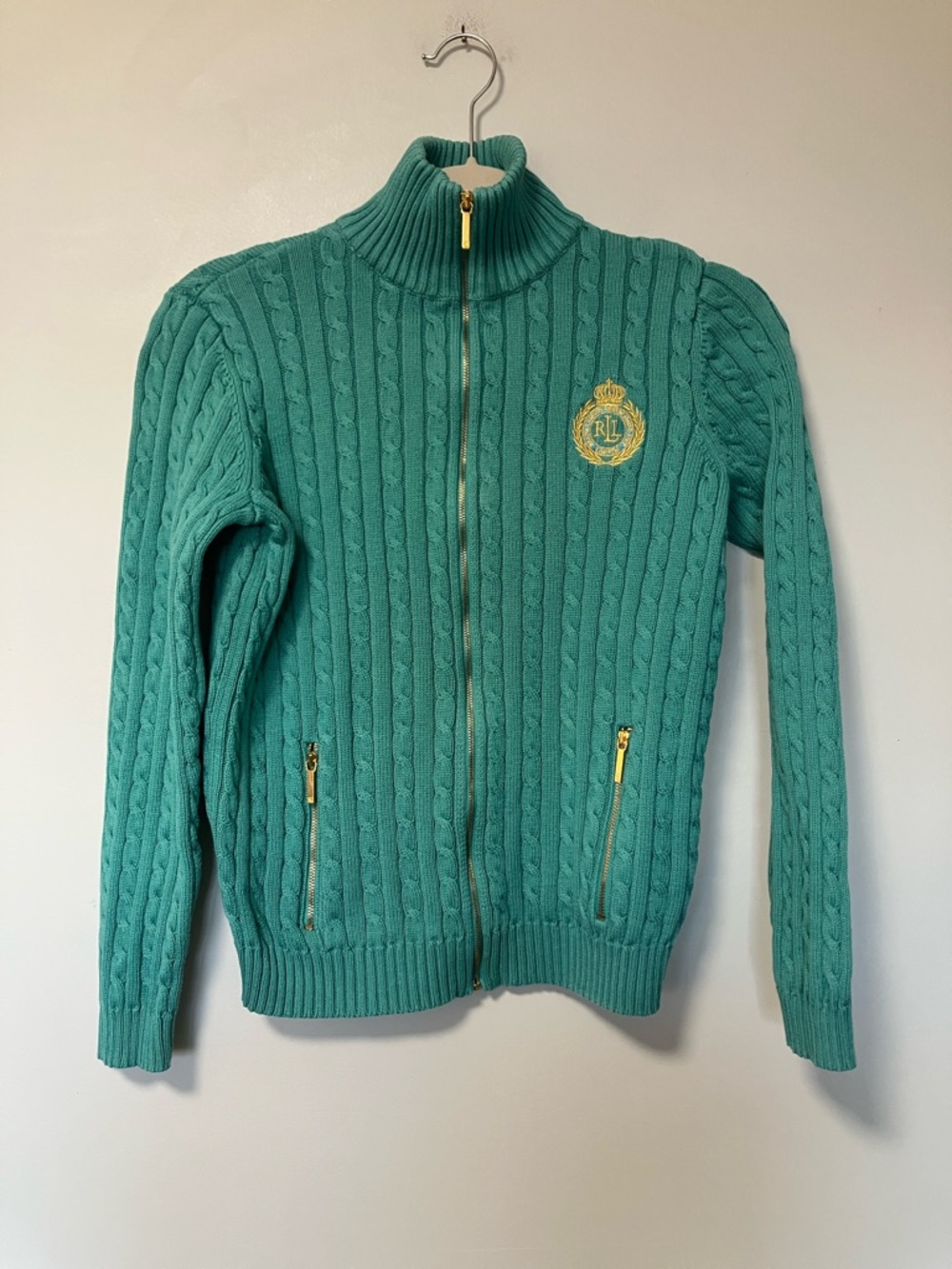 Ralph Lauren Green Turquoise Cable-Knit Full-Zip Sweater with Crest - Picture 4 of 5